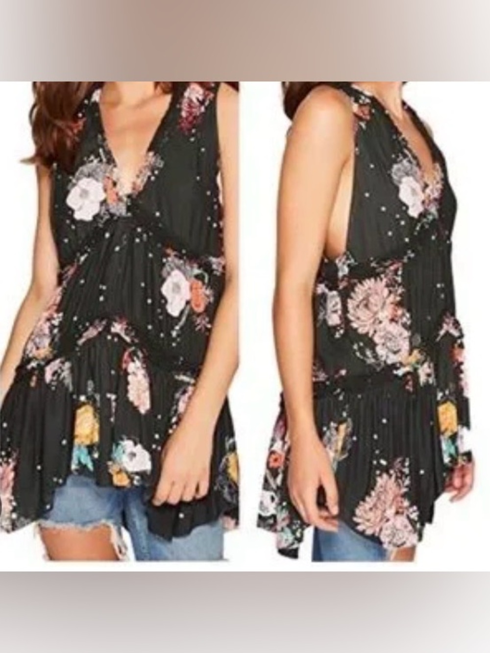 Free People Black Floral Tiered flowing tunic top with Multicolor Blooms